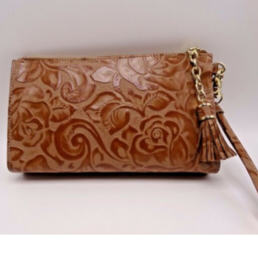 Brahmin Floral Zip WristletCamel Embossed Leather - Picture 5 of 7